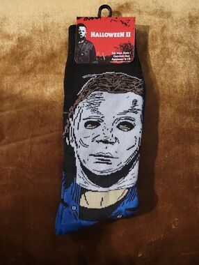 Halloween II Michael Myers Face Crew Socks - Black, White, Blue